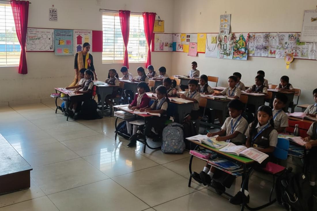 Teacher guiding students in classroom